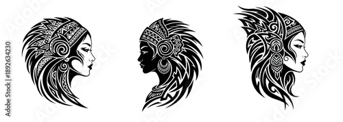Tribal women profiles with intricate traditional head designs