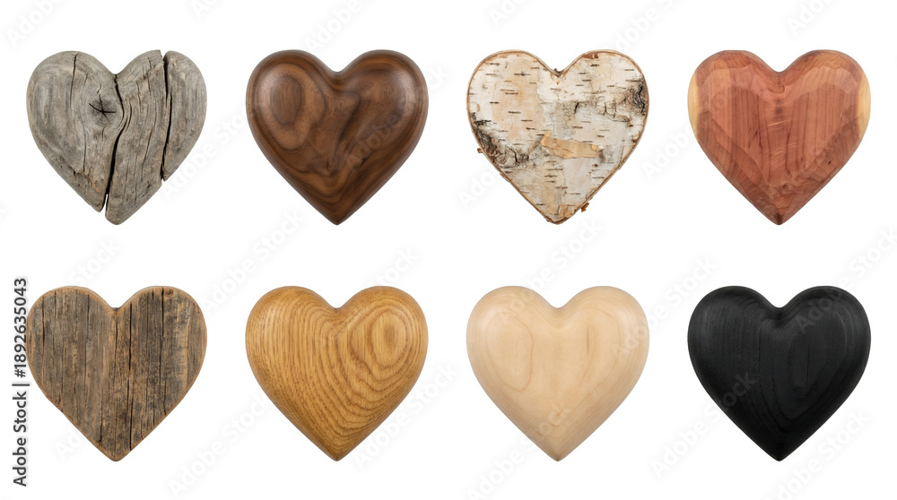Fototapeta premium Wooden heart ornaments set including weathered, walnut, birch bark, cedar, rustic, oak, maple, and black wood finishes isolated. Romantic decoration and craft collection.