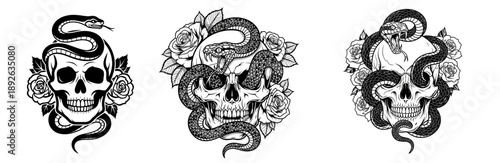 Detailed skull and snake illustrations with roses for tattoo designs