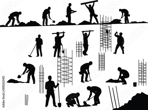 Construction worker silhouettes reinforcement steel bar rebar foundation work concrete structure building process, industrial labor site illustration isolated black figures
