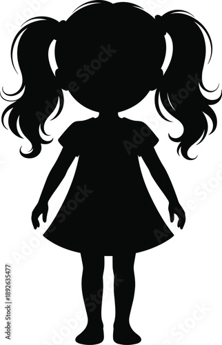 Silhouette of a little girl with pigtails standing in black and white, cute child figure icon for childhood, innocence, family, and design.