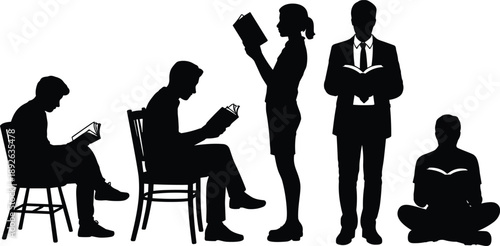 Silhouettes of people reading books in different poses, education and learning concept in black and white for library, study, knowledge, and literacy design.