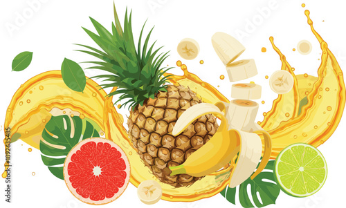 Fresh tropical fruit splash composition with pineapple, banana, lime, grapefruit, and juice waves for healthy design.