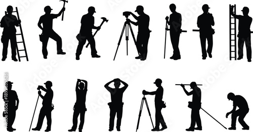 Construction worker silhouettes set showing builders and surveyors using ladders tools tripod equipment on industrial job sites black vector illustration