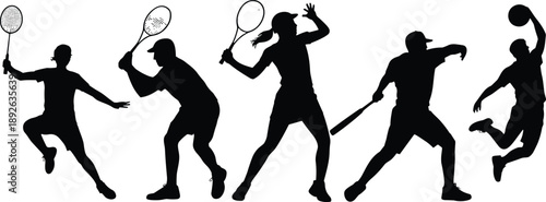 Sports player silhouettes set in action poses, black and white athlete illustration collection for tennis, baseball, basketball and competitive game themes.