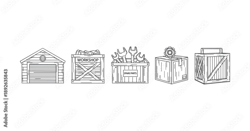 Fototapeta premium Black and white workshop icons with crates and tools