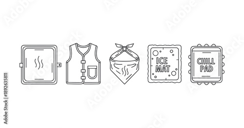 Line art of cooling devices: window panel, vest, neck scarf, ice mat, chill pad