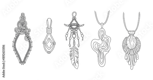 Ornate jewelry pendants line art collection with detailed designs