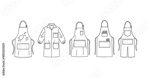 Variety of aprons and lab coat illustrations in black and white