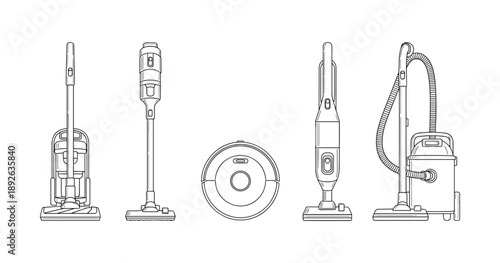 Various vacuum cleaner designs: upright, stick, robot, handheld, canister