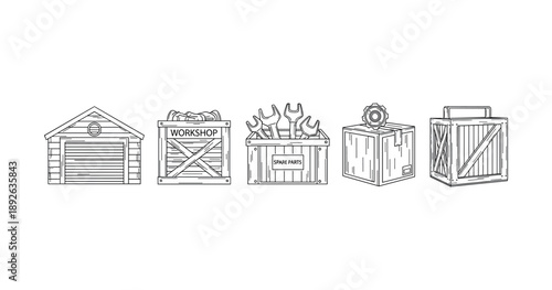 Black and white workshop icons with crates and tools