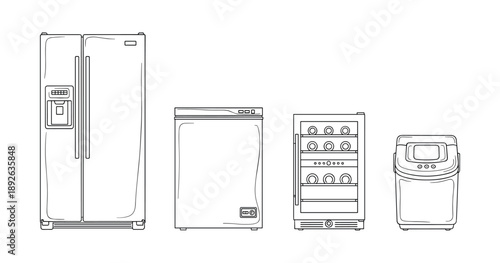 Minimalist line drawings of kitchen appliances: refrigerator, dishwasher, wine cooler, ice maker