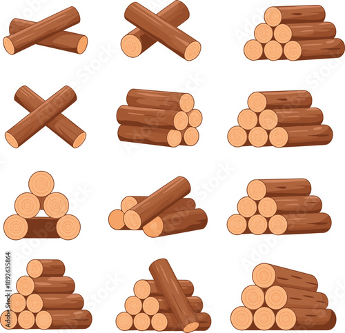 Wood log pile illustration set, stacked firewood bundles in different arrangements, forestry and lumber concept for winter heating, camping, construction and nature themes.