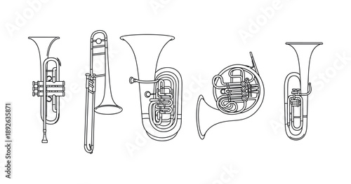 Outline illustration of five brass instruments: trumpet, trombone, tuba, french horn, euphonium
