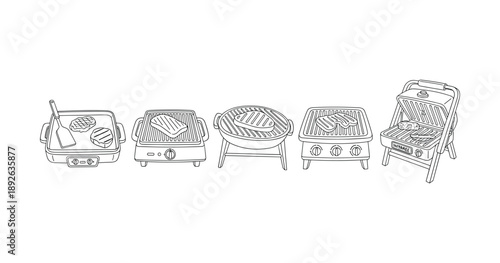 Collection of various portable grills with cooking food outlines