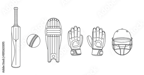Cricket equipment line art: bat, ball, pads, gloves, helmet
