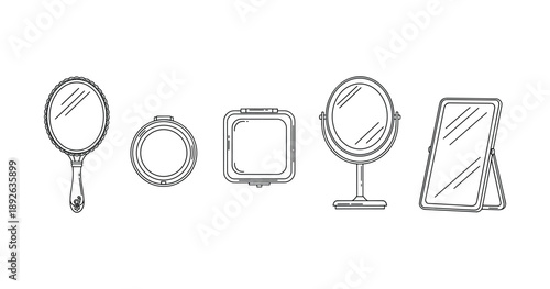 Various shapes of mirrors: handheld, compact, tabletop, and standing designs