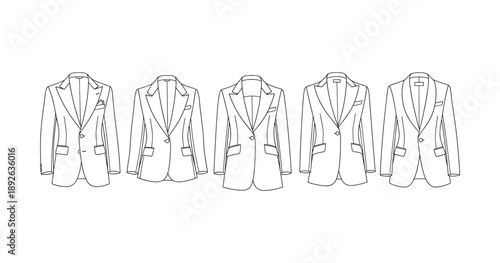 Line drawing of five elegant suit jacket designs in minimalist style