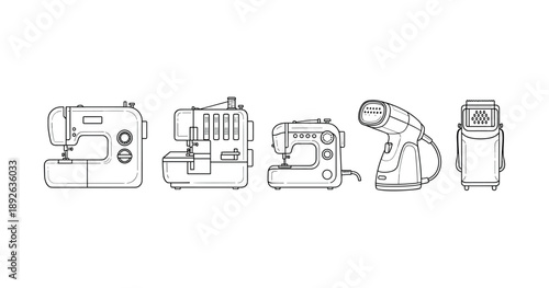 Set of sewing machines and fabric steamers in outline illustration