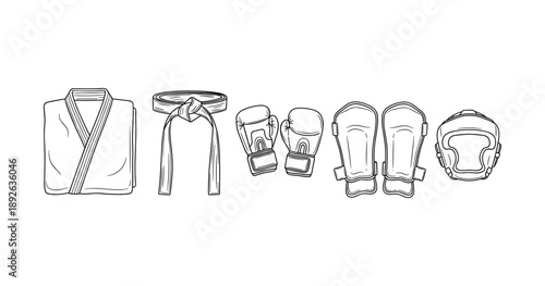 Karate gear set with gi, belt, gloves, pads, and helmet