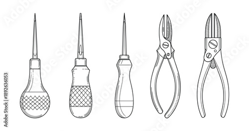 Hand-drawn vintage tools collection: awl, screwdriver, pliers, snips illustration
