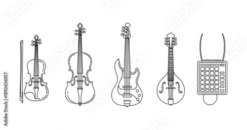 Musical instruments: violin, cello, electric guitar, mandolin, drum pad line art