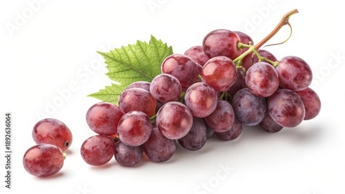 Fresh Red Grapes Cluster with Green Leaf on White Background for Food and Health Concept