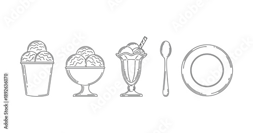Collection of ice cream outlines with spoon and plate
