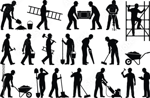 Construction worker silhouettes set showing builders performing manual labor with tools ladders scaffolding wheelbarrow equipment black vector illustration
