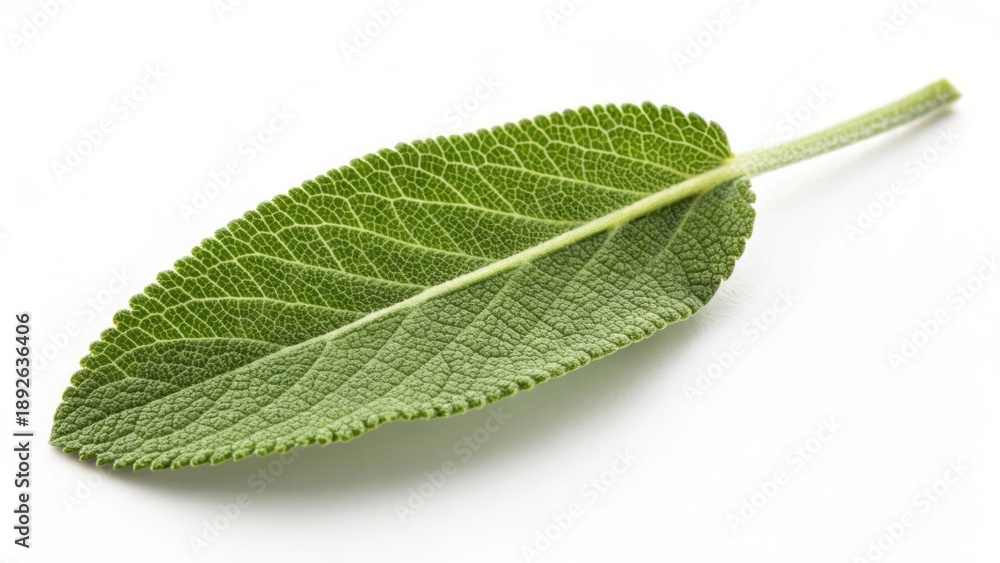 Fototapeta premium Fresh Green Sage Leaf Isolated on White Background for Culinary and Herbal Use