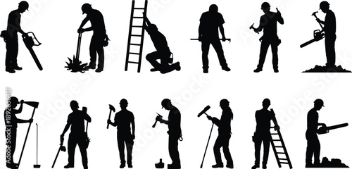 Construction worker silhouettes set showing builders using chainsaw hammer ladder shovel tools isolated black vector illustration for industry work