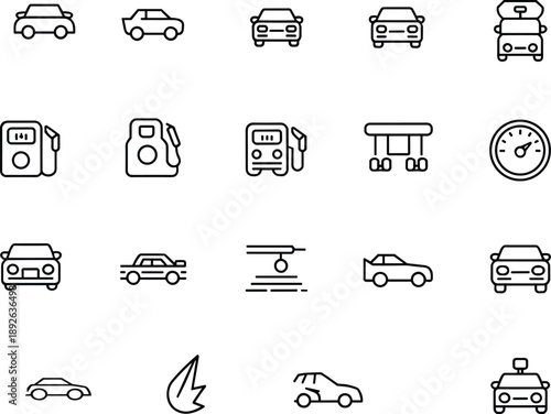 Minimal outline car and fuel icons set featuring vehicles, gas pumps, speedometer, and transportation symbols for automotive UI design