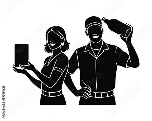 Couple holding drinks and phone smiling