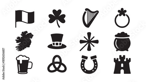 Traditional Irish symbol icon collection with shamrock, Celtic harp, leprechaun hat, and clover featuring authentic Ireland heritage and lucky charm design elements