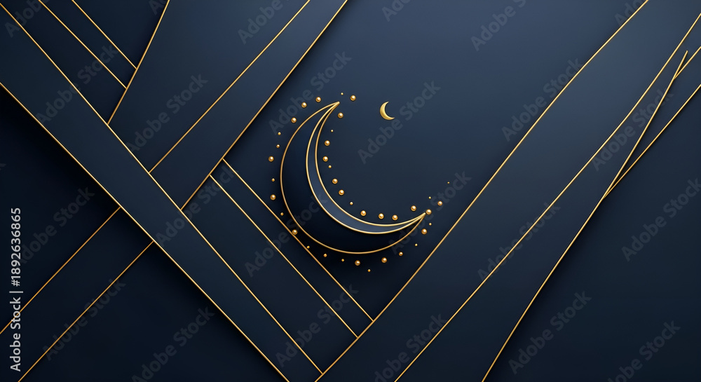 Obraz premium Elegant Islamic Geometric Pattern with Crescent Moon and Stars in Dark Blue and Gold