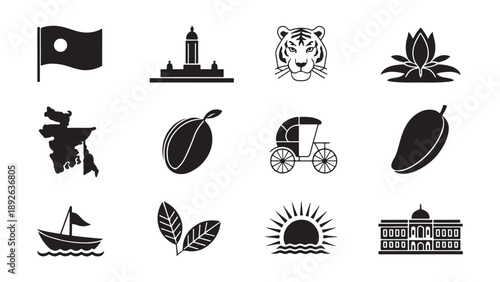 Bangladesh culture icon set featuring national symbols with mosque, tiger, rickshaw, and traditional boat representing Bengali heritage and cultural identity elements