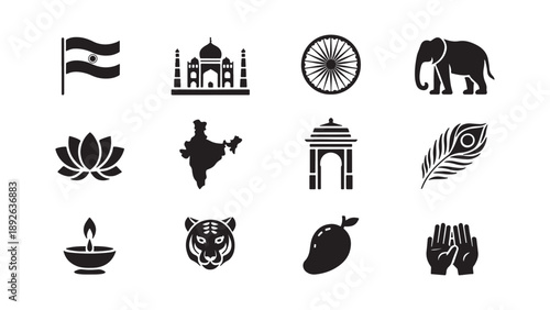Indian culture icon set with Taj Mahal, lotus flower, elephant, and tiger symbols showcasing India landmarks, spirituality, and traditional heritage design elements