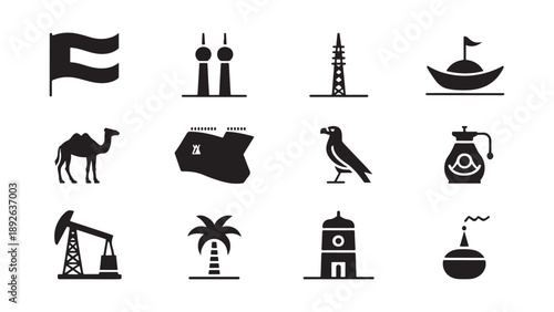 Middle Eastern culture icon set with mosque, camel, oil derrick, and traditional symbols representing Arab heritage, petroleum industry, and desert lifestyle elements