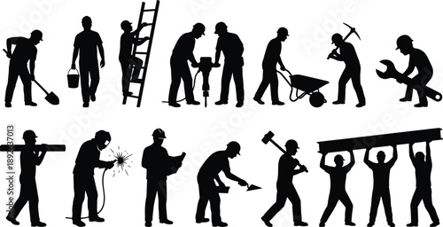 Construction worker silhouettes set showing builders using shovel ladder drill wheelbarrow hammer tools isolated black vector illustration