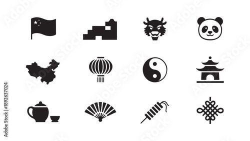 Chinese culture icon collection with great wall, dragon, panda, and lantern symbols showcasing traditional China heritage and oriental design elements