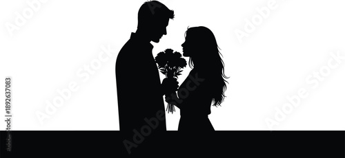 romantic gesture, flower presentation, couple silhouette, love moment, emotional scene, black vector, appreciation pose, bouquet exchange, flavector