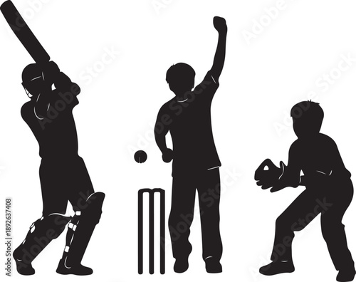 Kids playing Cricket silhouette vector set with batsman wicketkeeper and fielder on white