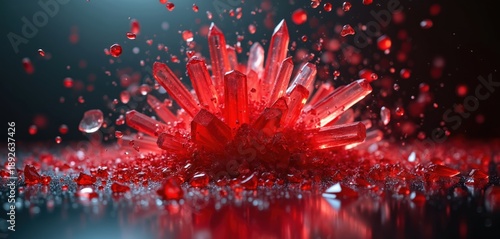 Red crystal cluster shatters into small shards and droplets. Sharp fragments fly through dark space with red glow. Abstract macro view of gem explosion and motion.