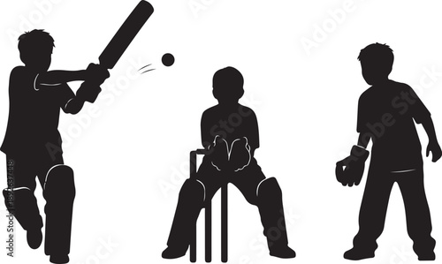 Kids playing Cricket silhouette vector set with batsman wicketkeeper and fielder on white