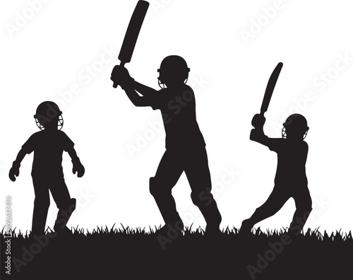Kids playing Cricket silhouette vector set with batsman wicketkeeper and fielder on white