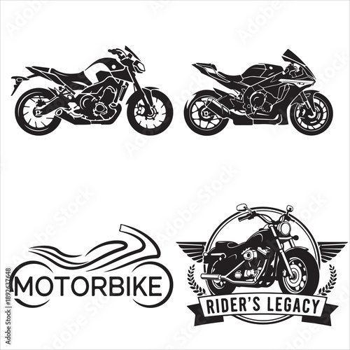 Modern Motorbike Silhouette Set Naked Street Bike and Rider's Legacy Vintage Emblem