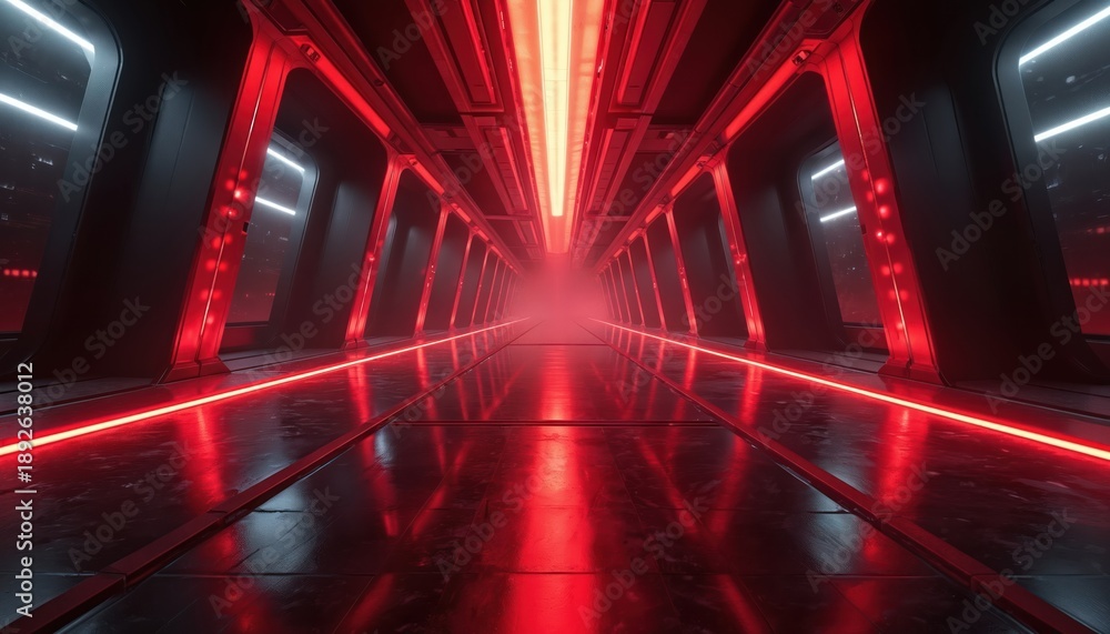 Fototapeta premium Futuristic sci fi corridor with bright red neon lights. Dark tunnel leads into misty glowing light. High tech pathway with glowing floor and ceiling. Sleek modern abstract design.