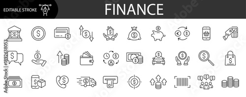 Finance icon set. Icons related to finance. Linear icon collection. Editable stroke. Vector illustration