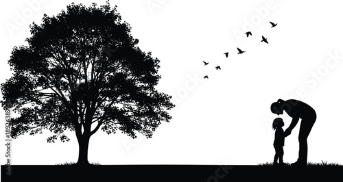 tree silhouette, birds flying, nature moment, parent and child, outdoor care, emotional bond, black vector, peaceful scene, flavector
