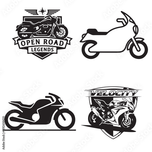 Open Road Legends Biker Emblem SetVelocity Racing Shield and Motorcycle Silhouette Vector
